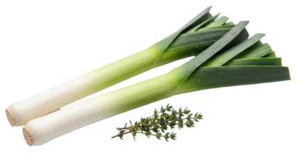 Isolated fresh leeks and thyme herb on seamless surface for culinary food theme