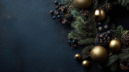 Festive christmas garland with golden baubles and pinecones adorning a dark textured background for holiday decoration