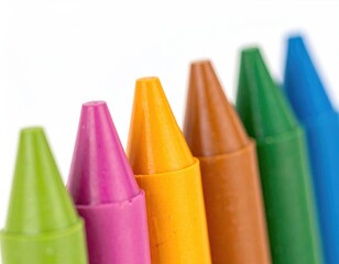 Colorful crayons lined up, focus on tips, white background