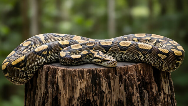 Majestic python gracefully coiled on a weathered tree stump in a lush, natural forest environment, showcasing its intricate scales and powerful presence