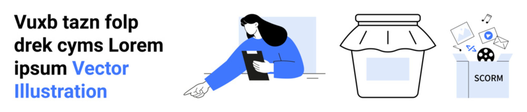Education, learning resources, digital content management, online courses, e-learning tools, teacher guidance. A person with a tablet, a jar and a digital content box. Education and learning