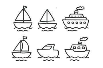 Collection of simple outline icons representing various types of boats and ships