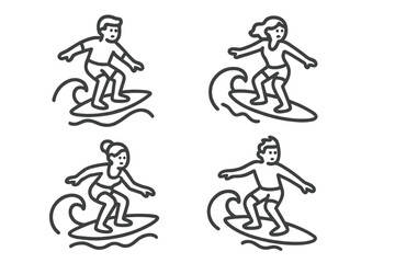Set of four simple line icons depicting male and female surfers riding waves