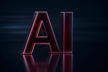 3D Rendered Red Neon 'AI' Letters on Reflective Metallic Background | Artificial Intelligence Technology and Digital Futuristic Concept | Machine Learning, Big Data, and Cyber Security Design