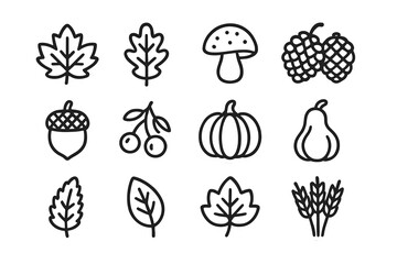 Collection of simple black and white icons depicting autumn harvest elements and leaves