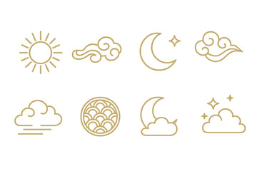 Stylized golden line art icons of celestial bodies and weather elements