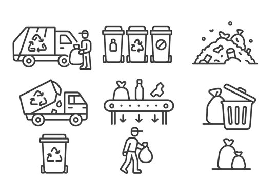 Set of line icons for waste management recycling and garbage collection process