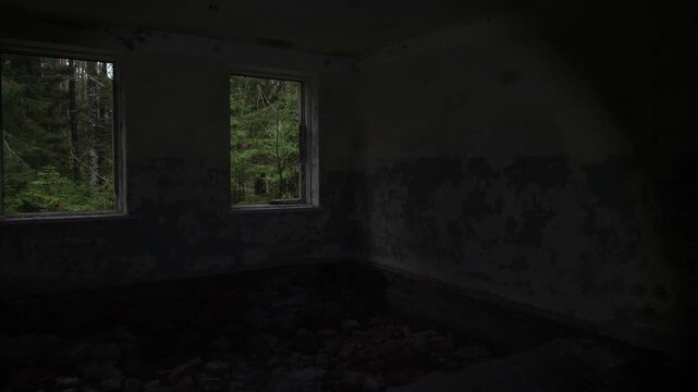 Dark Abandoned Interior Two Windows Framing Dense Green Forest Outside, Peeling Plaster And Crumbling Walls, Scattered Rubble Covers Floor, Soft Outside Light Contrasts With Interior Shadow,