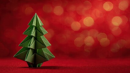 Elegant green modular origami Christmas tree standing on a glittering red background with festive golden bokeh lights. Minimalist holiday concept with copy space.