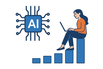 Woman using computer near rising bar chart and microchip symbol