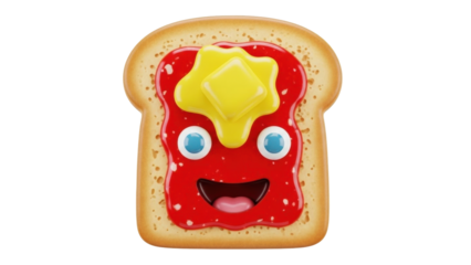 Isolated cartoon toast with jam and butter expresses joyful emotion and delicious snack