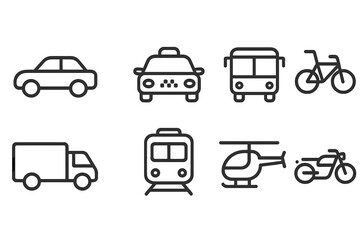 Outline icons collection of various transportation vehicles for travel and logistics