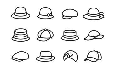 Twelve different headwear icons in simple outline style