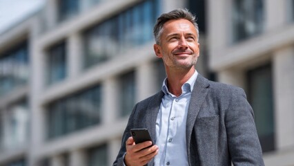 Successful middle-aged businessman smiling confidently, looking upwards while holding his smartphone outdoors against a modern, blurred corporate architecture background