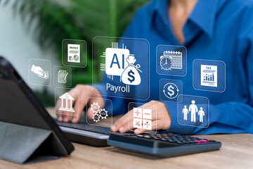 Automated Payroll System Concept, Businesswoman Use Tablet for Salary Processing, Financial Accuracy, Smart Accounting, Digital Payment Automation, HR Efficiency, Modern Payroll Management Technology