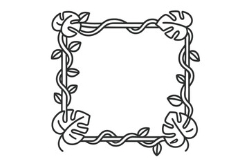 Square frame border decorated with tropical vine and monstera leaves outline