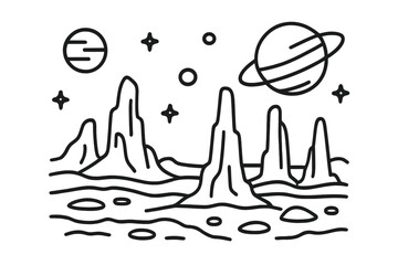 Alien planet landscape with stylized rock formations and ringed planet