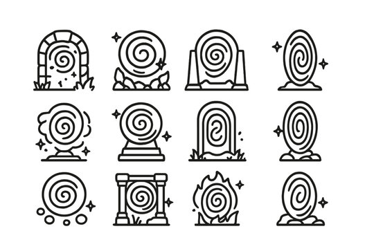 Set of magic portal and gateway icons featuring spiral design elements