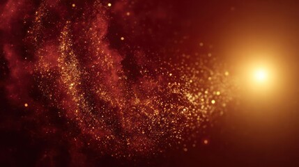 Vibrant abstract nebula with glowing golden particles and a bright starburst illuminating the cosmic expanse