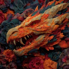 Fiery Floral Dragon Head in Detailed Artistic Composition