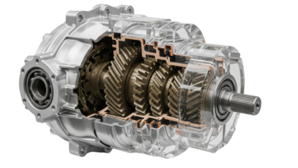 Isolated transmission box with cutaway showing the gears and shaft, complex machine design