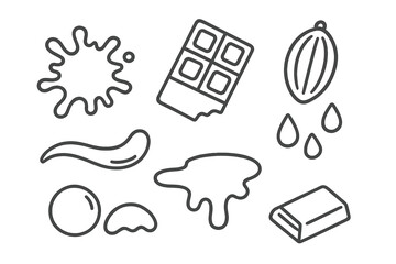 Chocolate and cocoa line icons with liquid splashes and drips