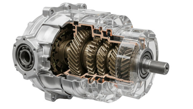 Isolated transmission box with cutaway showing the gears and shaft, complex machine design