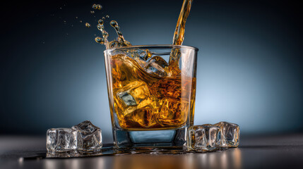 ice cubes splashing in whiskey glass with dark lighting