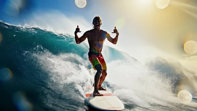 Watch an expert surfer skillfully ride the waves, showcasing impressive maneuvers and joyful expressions. The sun glistens on the water, creating a captivating scene.