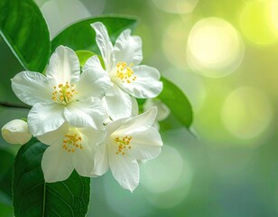 Fototapeta premium White blossoms bloom, green leaves, blurred sunny bokeh