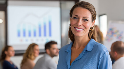 confident businesswoman presenting chart in meeting room