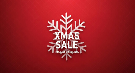 A white snowflake shape with inscription, "XMAS SALE" on a red background, representing holiday discounts for winter shopping season, promotion offer