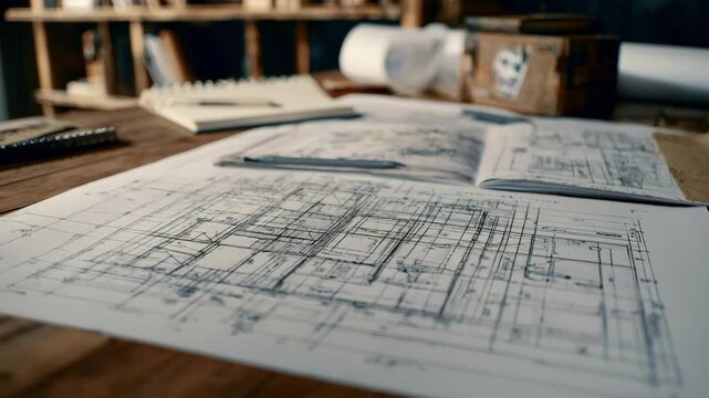 Medium shot of detailed structural technical drawings displaying building frameworks and architectural plans on a wooden desk