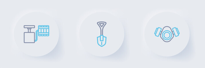 Set line Gas mask, Shovel and Handle detonator icon. Vector