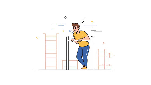 Young caucasian male doing parallel bars exercise in gym illustration
