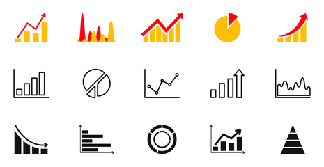 Set of business graph and charts icons. Business data charts. Graphs, diagrams, schemes, infographic, analytic report for financial analytic. Statistics, data, growth, falling and pie chart icons set.