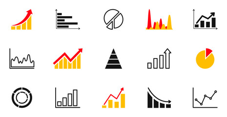 Set of business graph and charts icons. Business data charts. Graphs, diagrams, schemes, infographic, analytic report for financial analytic. Statistics, data, growth, falling and pie chart icons set.