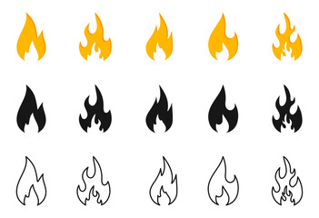 Fire icon set. Flat, glyph and line fire icons. Hot flaming elements. Campfire pictogram. Design elements collection.
