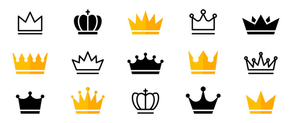Crown icon set. Silhouette crown flat, glyph and line icons collection. Crown symbol. Vector illustration. © TMvectorart