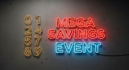 Concrete wall with neon numerals and word "mega savings event" in red, blue, yellow, representing promotion, offer, discount, special occasion