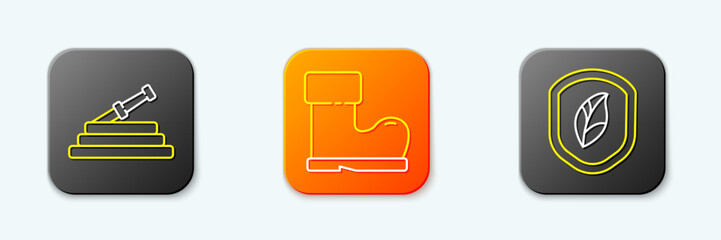 Set line Garden hose or fire hose, Waterproof rubber boot and Shield with leaf icon. Vector