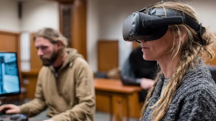 Trainer observing a participant using a VR setup to simulate courtroom scenarios enhancing experiential learning through virtual immersion.