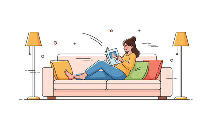 Obraz premium Young caucasian female relaxing on sofa reading book in cozy living room setting