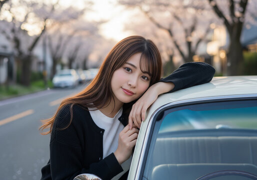 桜並木を背景に車に寄りかかり微笑む美しい女性