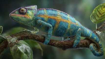Fototapeta premium A vibrant chameleon perched on a tree branch, showcasing its remarkable camouflage