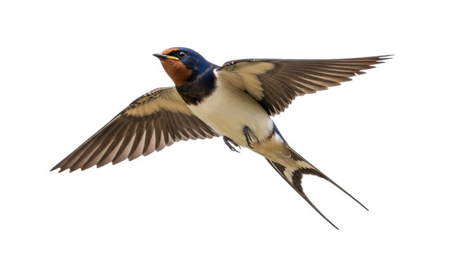 Isolated Barn Swallow flying with wings spread wide in studio shot with no background