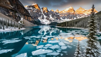 Majestic snowy mountain peaks reflecting in a partially frozen turquoise lake with pine trees