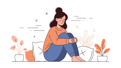 Young caucasian female sitting comfortably on cushions in relaxed pose