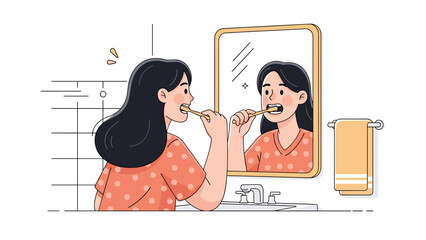 Asian young female brushing teeth in bathroom mirror reflection
