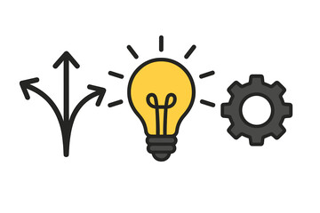 Conceptual graphic illustrating idea generation, decision making, and implementation steps